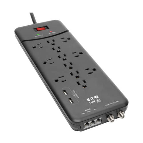 Tripp Lite Protect It! 12-Outlet Surge Protector, 8 ft. (2.43 m) Cord, 4320 Joules, Tel/Modem/Coax Protection, 2 USB Ports, Black
