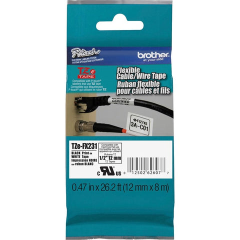 Brother 12mm (1/2") Black on White Flexible ID Super Adhesive Industrial Tape (8m/26.2') (1/Pkg)