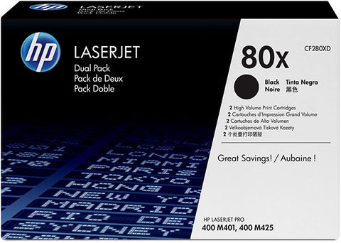 HP 80X (CF280XD) LaserJet Pro 400 M401 400 MFP M425 2-Pack High Yield Black Original LaserJet Toner Cartridges (2 x 6900 Yield)