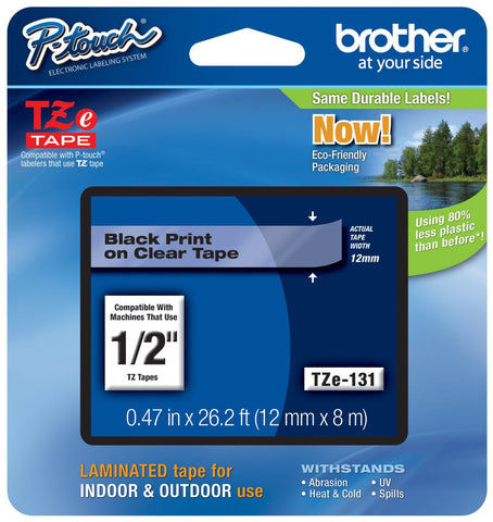 Brother 12mm (1/2") Black on Clear Laminated Tape (8m/26.2') (1/Pkg)